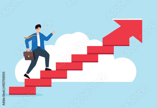 Flat illustration of businessman walks up arrow stairs symbolizing steps to success and career growth