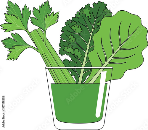 A vibrant illustration of various green leafy vegetables in a glass perfect for design use on transparent background silhouette high quality