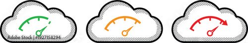 Cloud computing performance icons featuring speedometers in green orange and red for website loading speed server optimization and network bandwidth monitoring.