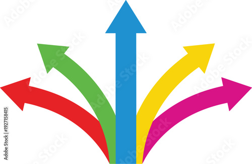 Colorful branching arrows vector illustration representing multiple choice directions career paths business growth strategies decision making and strategic planning concepts isolated on white.