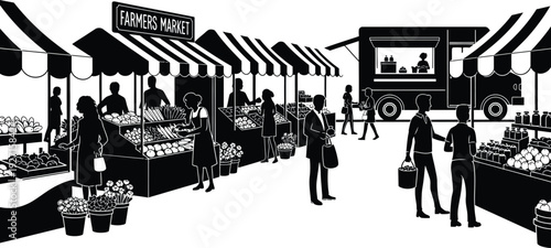 A black and white illustration depicts a bustling farmers market scene with people shopping on transparent background silhouette high quality professional