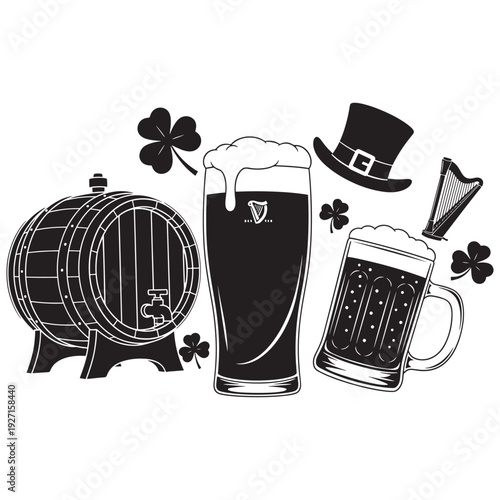 Vector set of St. Patrick’s Day icons including beer barrel, pint glass, foamy mug, leprechaun hat, harp, and shamrocks for Irish celebration