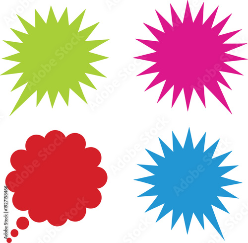 Colorful starburst speech bubbles and jagged explosion stickers for promotional sales advertising marketing messages discount labels and creative graphic design elements.
