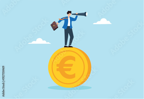 Flat illustration of businessman investor stand on euro coin using telescope to predict Europe economy