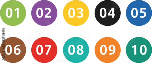 Colorful numbered circle bullet points from one to ten for infographic design business presentations web menus and step by step process workflow.