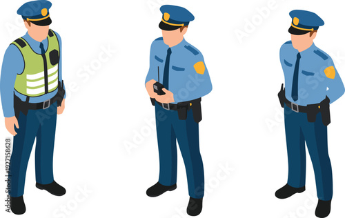 Isometric police officer characters set, traffic cop and patrol officers with radio communication illustration
