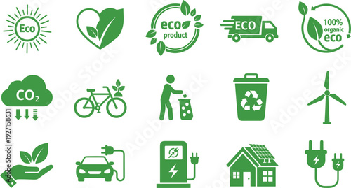 Green eco friendly ecology icon set featuring renewable energy symbols like solar panels wind turbines electric cars and recycling for sustainable lifestyle branding.
