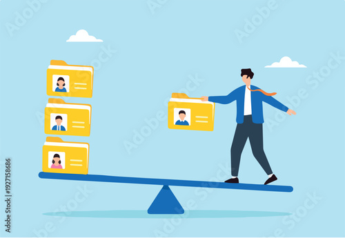 Flat illustration of human resource manager balancing candidate profile folders on seesaw to sort applicants for recruitment decision and onboarding approval