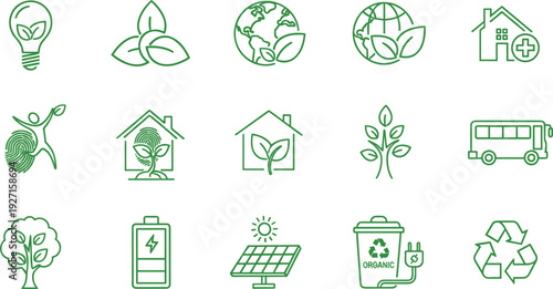 Green linear eco friendly icon set featuring sustainable energy symbols like solar panels light bulbs battery power recycling and organic nature conservation for branding.