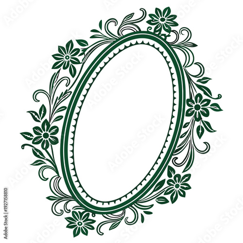 detailed ornate oval floral frame, intricate flower patterns, detailed leaves and vines, botanical design, dark green tones, elegant composition, photorealistic
