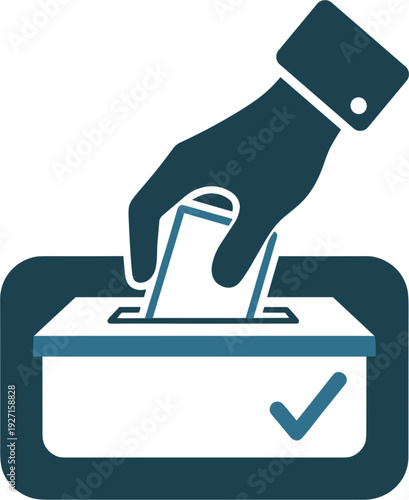 Hand putting ballot paper into voting box with check mark icon for democratic elections political campaigns government surveys and decision making concepts.