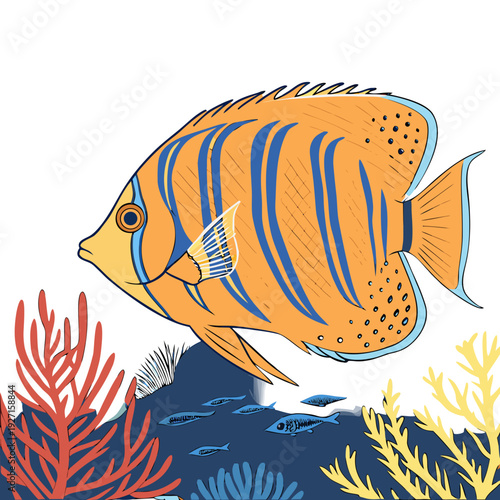 tropical fish, orange and blue striped angelfish, underwater coral reef scene, vibrant colors, digital art, 8k, highly detailed
