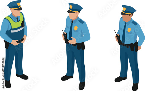 Isometric police officers set with traffic vest and radio, law enforcement uniform character illustration