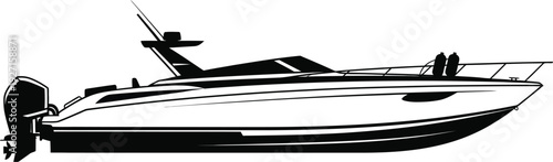A sleek black motorboat is depicted in profile showcasing its modern design on transparent background silhouette high quality professional detailed elegant