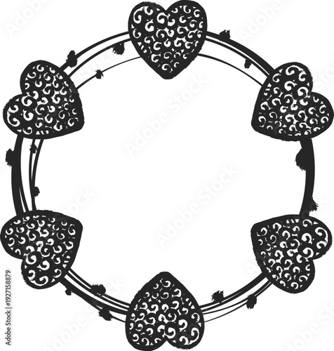 Heart ring drawing. Round frame. Valentine border