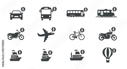 Collection of Transportation Icons: Car, Bus, Train, Plane, Motorcycle, Bike, Ship, Hot Air Balloon