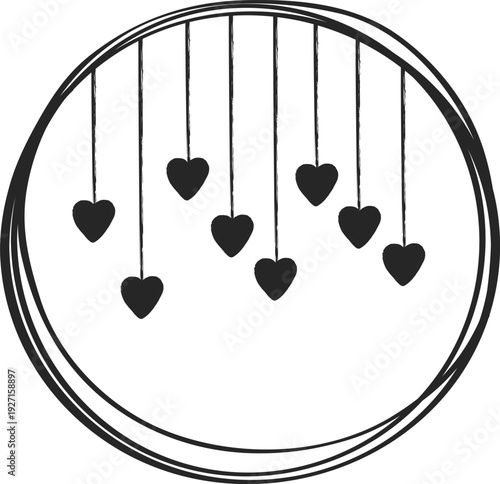 Round frame with heart shape decoration. Ornate drawing