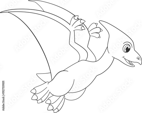 Pterodactyl drawing. Flying dino monster line icon