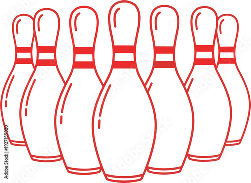 Red outline bowling pins vector illustration set for sports competition leisure activity strikes and spares gaming entertainment isolated on white background.