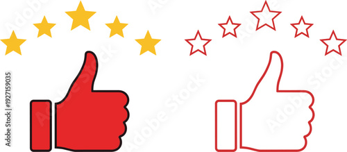 Red thumbs up icon set with gold five stars for customer feedback premium quality rating top service recommendation and successful approval ranking vector illustration.