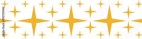 Seamless horizontal border of golden four-pointed stars and sparkles for festive holiday backgrounds magical celebrations and luxury award ceremony designs.