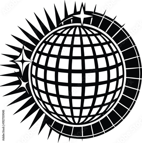 A black and white image of a globe with sun rays