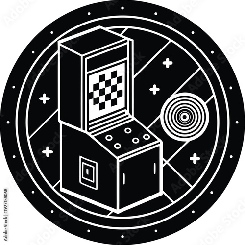 A black and white illustration of a classic video game arcade machine