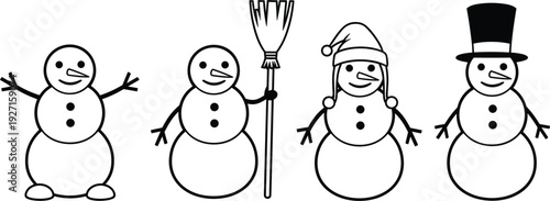 Set of black and white snowman characters featuring winter holiday themes including a top hat santa hat and broomstick for seasonal Christmas decorations.