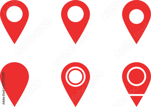 Set of red location pin icons and map pointer symbols for navigation mobile apps GPS tracking travel planning and geographical positioning systems.