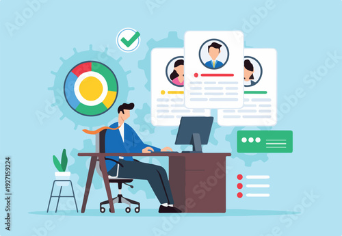 Optimizing use of business resources, maximizing efficiency, management concept vector illustration. Analyst on desk planning and analyzing resource allocation