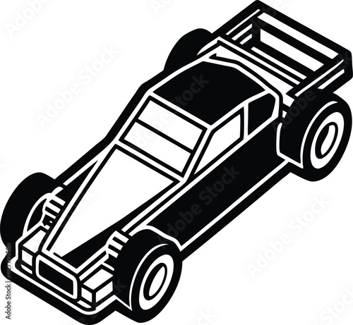 A black and white drawing of a race car