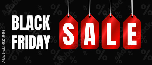 Horizontal red holographic Black Friday Sale banner with realistic foil tag, label, hologram, emblem with smooth glossy texture. Vector illustration EPS10