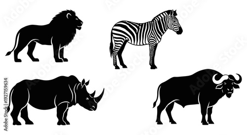 African Wildlife Silhouettes: Lion, Zebra, Rhinoceros, and Buffalo Vector Illustration