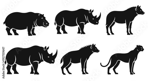 African Wildlife Silhouettes: Rhino, Hippo, Hyena, and Panther Icons on White Background