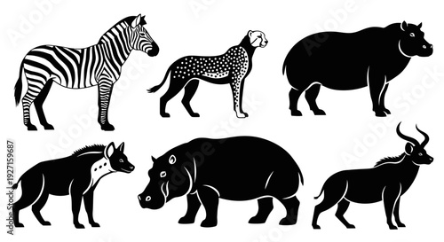 African Wildlife Silhouettes Set: Zebra, Cheetah, Hippo, Hyena, and Antelope Collection