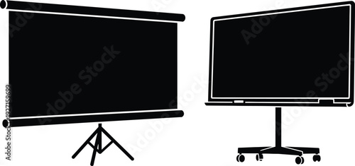 Two black display screens on stands a projector screen and a flat panel television on transparent background silhouette high quality professional