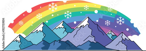 A colorful rainbow arcs over snow capped mountains in a vibrant illustration on transparent background silhouette high quality professional detailed modern elegant