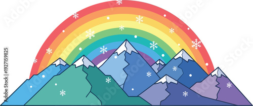 A colorful rainbow arches over snow capped mountains creating a whimsical winter landscape on transparent background silhouette high quality professional detailed modern