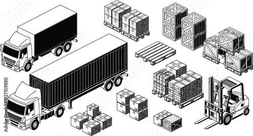 Isometric depiction of trucks cargo pallets and a forklift in a black and white line drawing silhouette on transparent background high quality professional