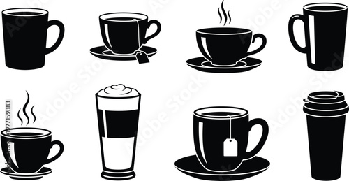 A collection of black coffee and tea cups in various styles presented as a graphic element on transparent background silhouette