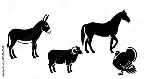 Black Silhouettes of Farm Animals: Horse, Donkey, Sheep, and Turkey on White