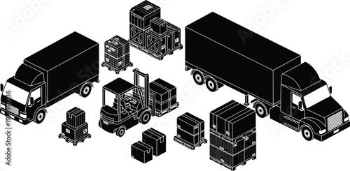 Isometric illustration of trucks forklifts and cargo boxes in a black silhouette on transparent background high quality professional detailed modern elegant