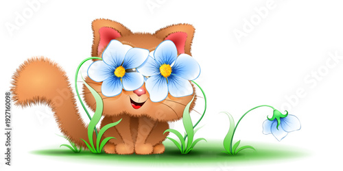Ginger funny cat sitting outdoor with flowers