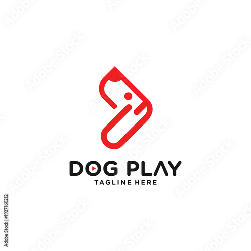 Red play button logo with a dog icon, playful, entertainment, media concept