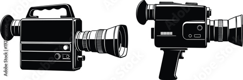 Two vintage film cameras are depicted in a striking black silhouette on transparent background high quality professional detailed modern elegant stylish