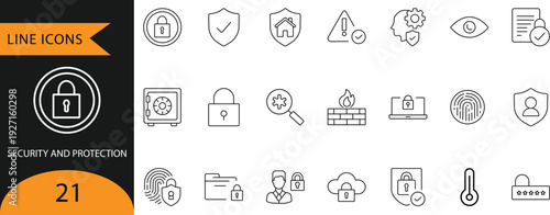  Security and Data Protection Line Icons Set featuring Firewall Cloud Safety and Biometric Encryption
