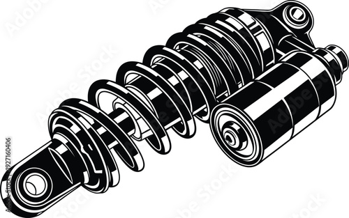 Detailed illustration of a motorcycle rear shock absorber in black and white ideal for technical designs on transparent background silhouette