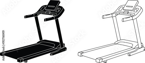 Two detailed views of a modern treadmill showcasing its design and functionality on transparent background silhouette high quality professional elegant stylish