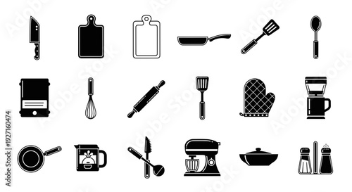 Kitchen Utensils and Appliances Icons Set.