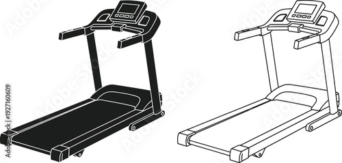 Two detailed illustrations of a modern treadmill showcasing its design and features on transparent background silhouette high quality professional elegant stylish